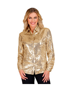 Gouden blouse pailletten dames - gouden glitter discoblouse met pailletten