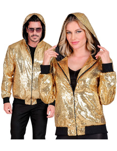 Pailletten bomberjas met kap goud - gouden glitter bomberjack met capuchon disco