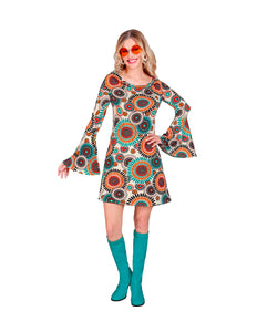 Jaren 70 jurk vintage dames - retro flower power verkleedjurk voor disco party