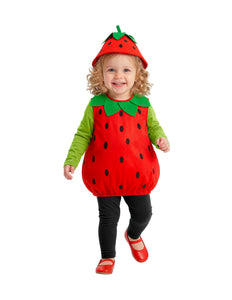Aardbeien pakje Elise kind, pluche aardbei kostuum met mutsje vooraanzicht