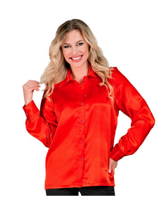 Rode 70s disco blouse satijn dames - glanzend jaren 70 overhemd voor disco party