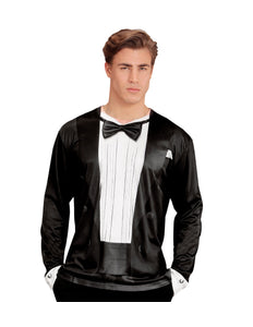 3D smoking shirt met strik fotoprint, nep smoking verkleedshirt heren vooraanzicht