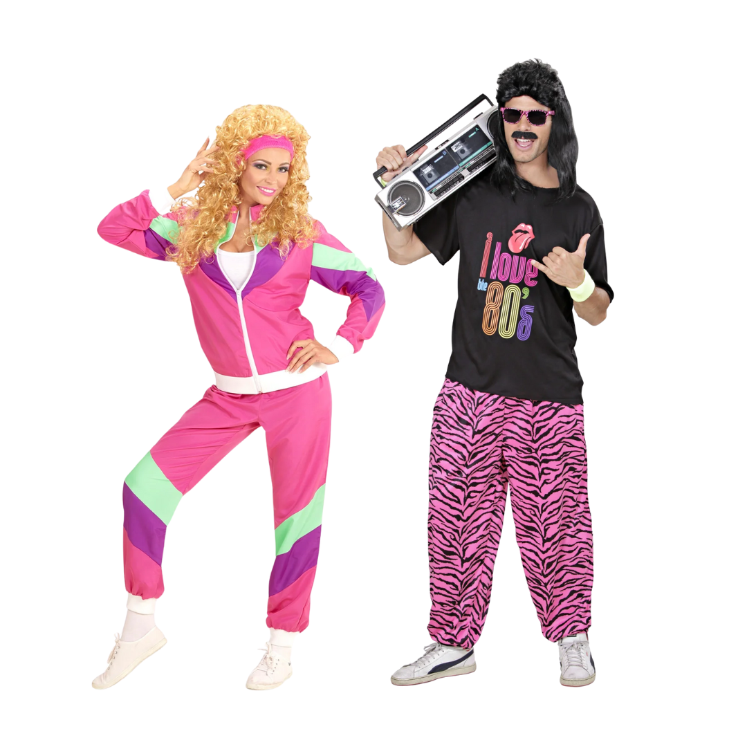 Jaren 80 kleding met felle kleuren en accessoires