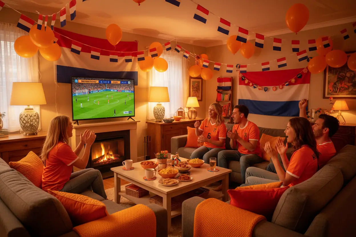 Woonkamer versierd met oranje decoratie voor het WK of EK