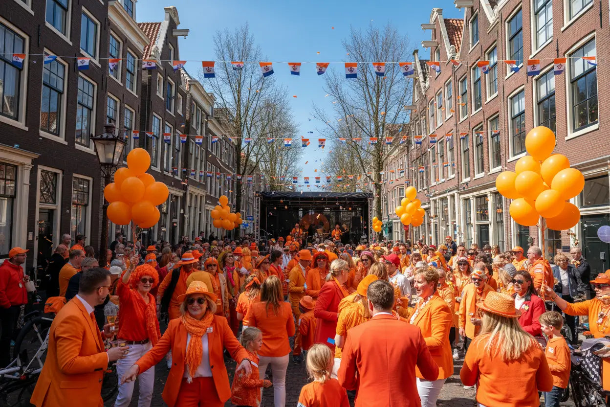 Straat versierd met oranje decoratie voor Koningsdag