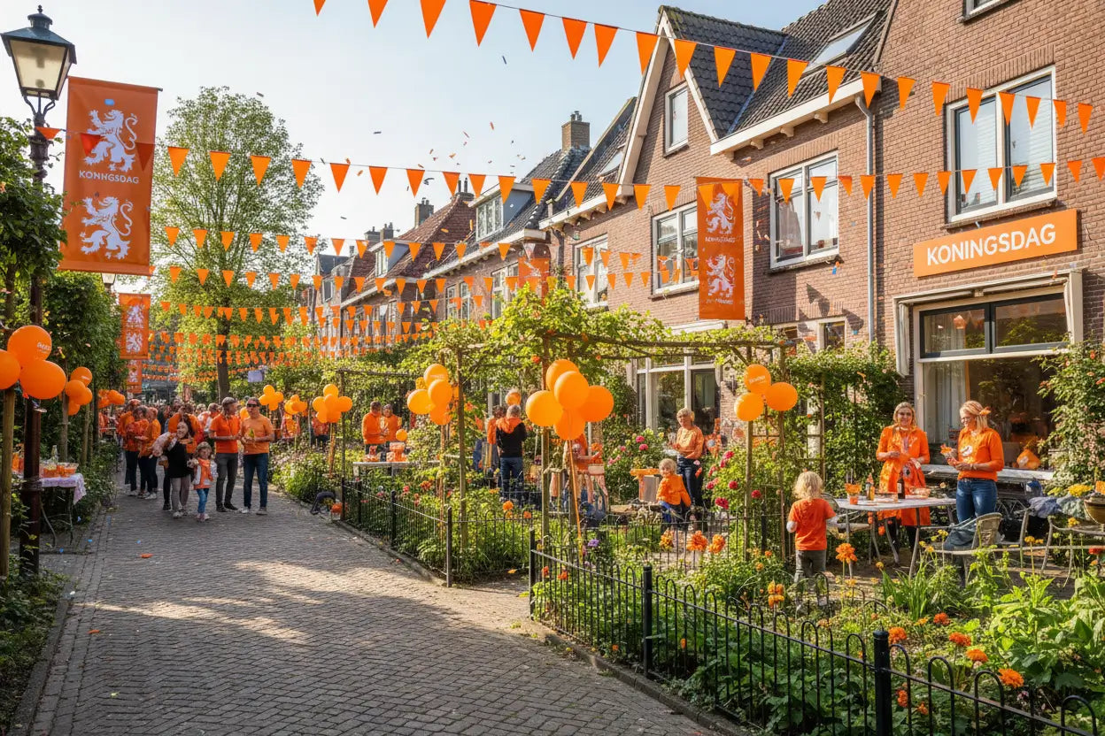 Tuin en straat versierd met oranje vlaggenlijnen en ballonnen voor WK of Koningsdag