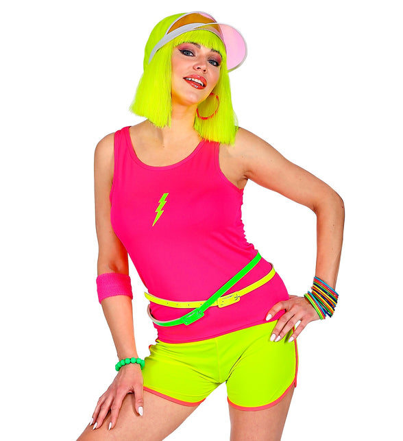 Neonroze mouwloos shirt gedragen, fluo jaren 80 party top dames