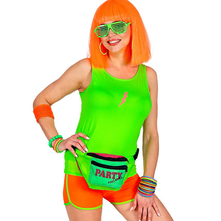 Neongroen mouwloos shirt gedragen, fluo jaren 80 party top dames