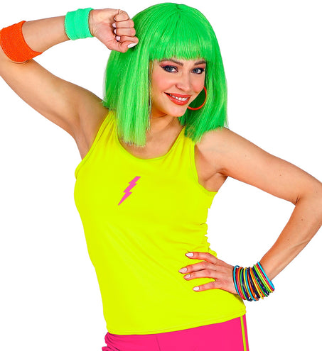 Neon geel hemdje dames, fluo gele tanktop jaren 80 vooraanzicht