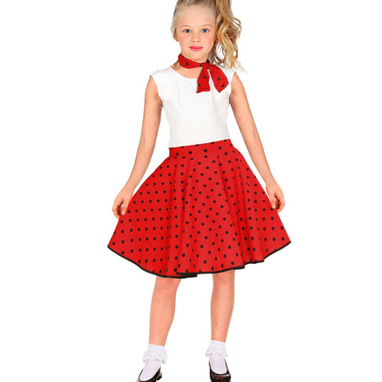 Jaren 50 polka dot rok rood Holly detail - rockabilly fifties rok met stippen