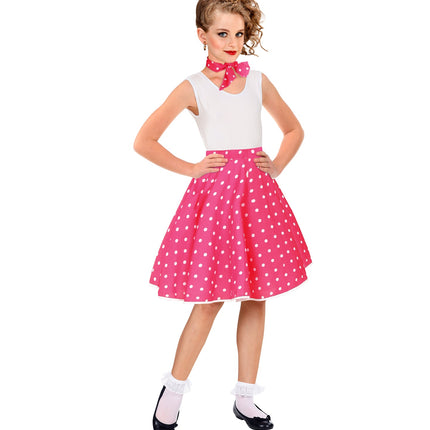 Holly jaren 50 rok roze kind gedragen - polka dot rock n roll rok meisjes