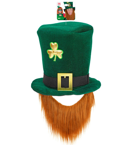 Groene leprechaun hoge hoed met vastgezette roodbruine baard, zijaanzicht met verpakking