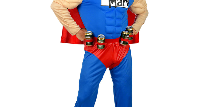 Superman bierman pak met spierprint cape en blikhouder, foute party heren kostuum vooraanzicht