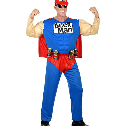 Super beer man overall met spierbundel en pet, bier superheld outfit detail