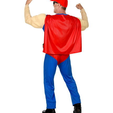 Super bier man close-up met dosenhouder gordel, bier superheld verkleedpak