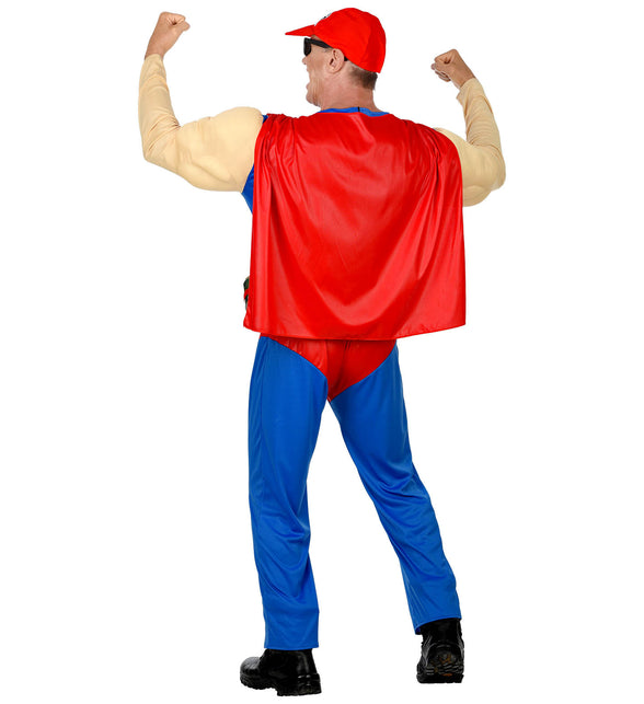 Super bier man close-up met dosenhouder gordel, bier superheld verkleedpak