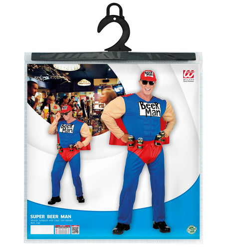 Superman bierman compleet met cape en basecap, foute party bier kostuum