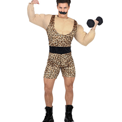Sterke man verkleedpak met spieren, bodybuilder gewichtheffer kostuum detail