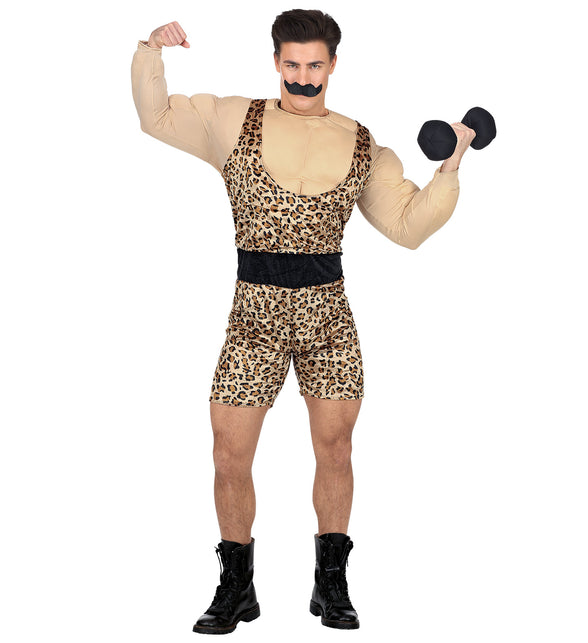 Sterke man verkleedpak met spieren, bodybuilder gewichtheffer kostuum detail