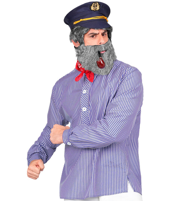 Matrozen shirt heren blauw-wit gestreept met lange mouwen, gedragen bij een zeemansoutfit