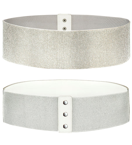 Strass riem dames zilver, brede tailleband met glinsterende steentjes en witte drukknoopsluiting