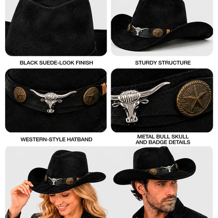 Cowboy hoed Dallas suedelook zwart close-up – verkleedkleding