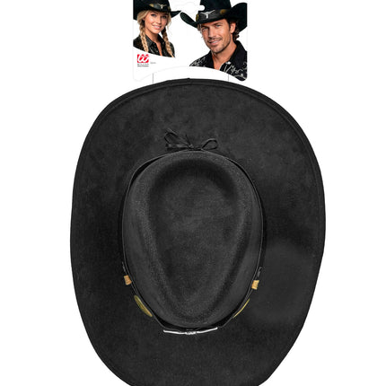 Cowboy hoed Dallas suedelook zwart zijaanzicht – verkleedkleding