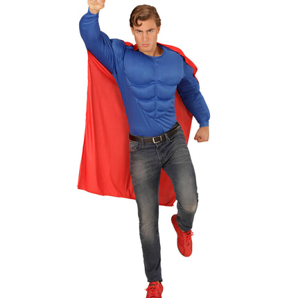 Spierballen superheld shirt achterkant, muscle held kostuum met cape detail