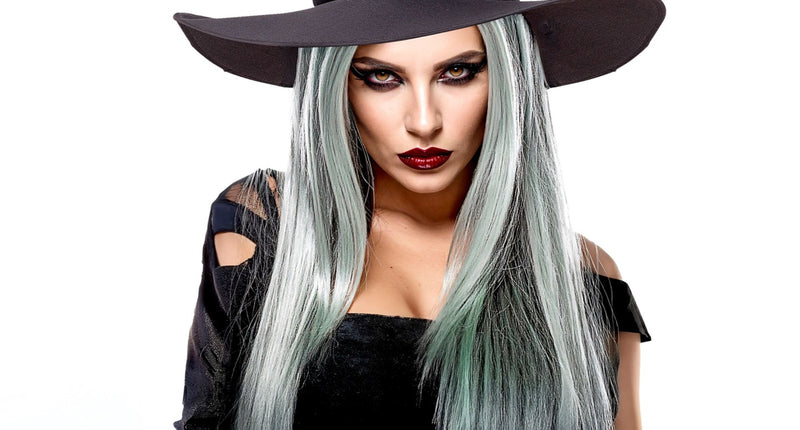 Heksenpruik dames in mintgroen met zilvergrijze lokken, lang en steil, voor Halloween