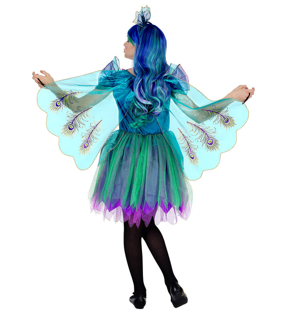 Pauwenjurk meisje met veren, kleurrijke pauw verkleedkleding detail