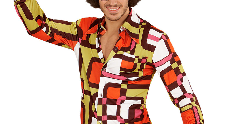 Jaren 70 disco hemd Groovy vlakken, retro seventies overhemd heren vooraanzicht