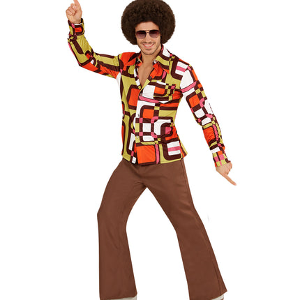 Disco hemd jaren 70 vlakkenprint achterkant, retro groovy overhemd detail