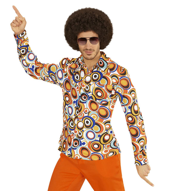 Jaren 70 disco hemd Groovy rondjes, retro seventies overhemd heren vooraanzicht