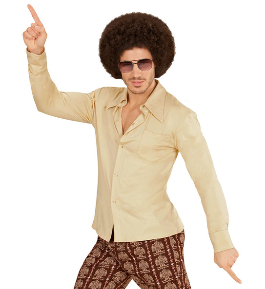 Jaren 70 disco hemd beige Groovy, retro seventies overhemd heren vooraanzicht