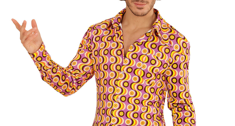 Jaren 70 disco hemd Groovy langspeelplaat, retro seventies overhemd heren vooraanzicht