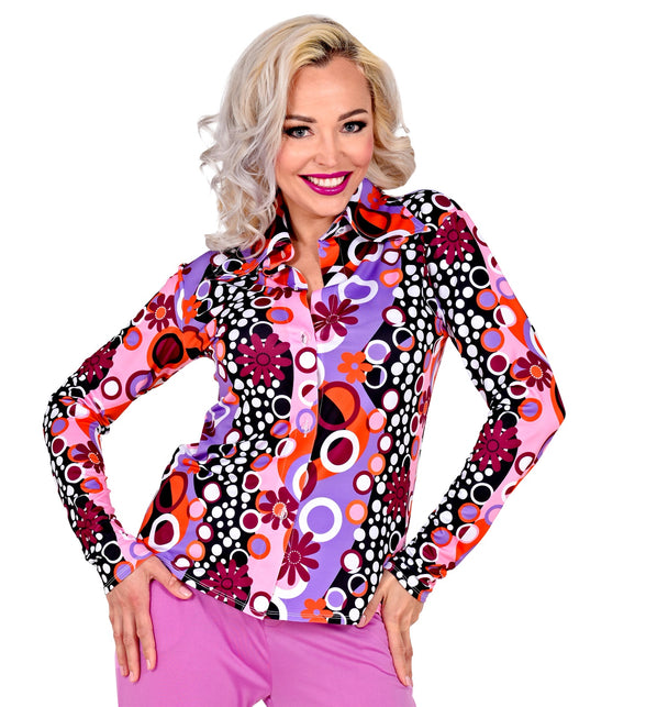 Groovy jaren 70 disco blouse dames detail - roze flower power hippie shirt