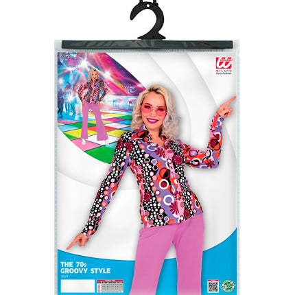 Disco shirt groovy jaren 70 dames achterkant - roze hippie discoblouse seventies