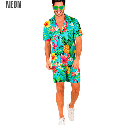 Flamingo Hawaii set heren - tropische beach party blouse en short aloha