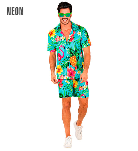 Flamingo Hawaii set heren - tropische beach party blouse en short aloha