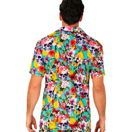 Zomer partyshirt Skulls heren close-up - aloha hemd met schedelmotief