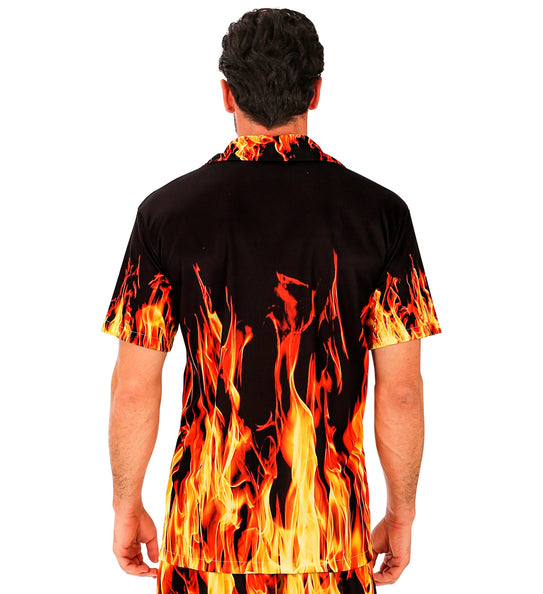 Zomer partyshirt Flames heren close-up - aloha hemd met vlammenmotief