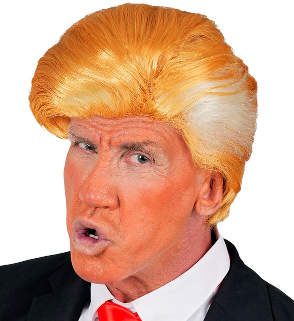 Pruik Mr. President voor heren, korte oranjeblonde pruik met hoge kuif, gedragen bij pak en rode stropdas