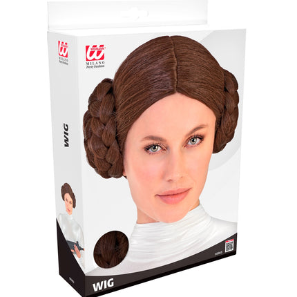 Verpakking van de pruik space princess met detailfoto van de bruine vlecht
