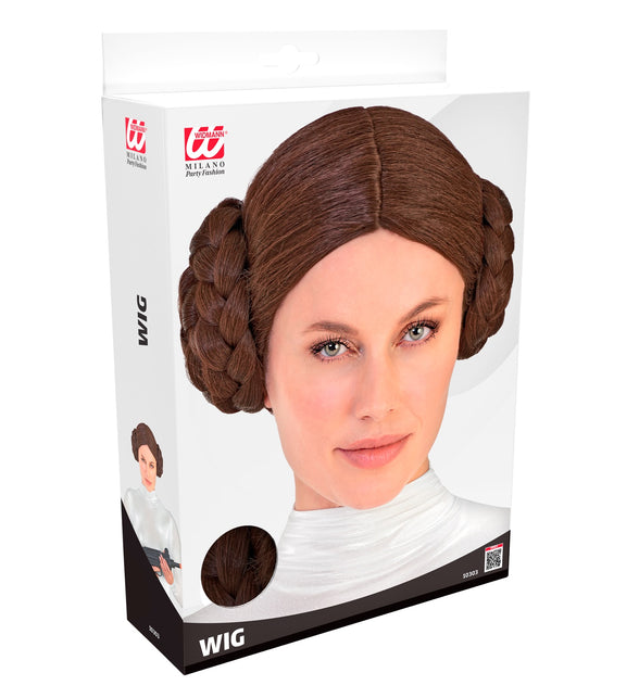 Verpakking van de pruik space princess met detailfoto van de bruine vlecht