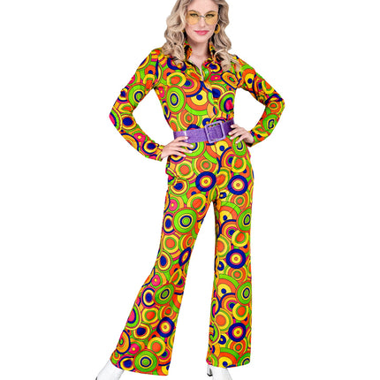 Groovy cirkels broek dames detail - jaren 70 gele flower power discobroek