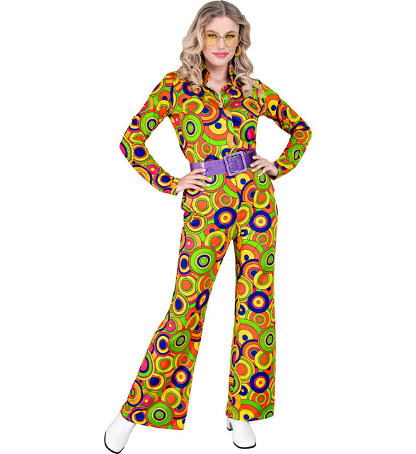 Groovy cirkels broek dames detail - jaren 70 gele flower power discobroek