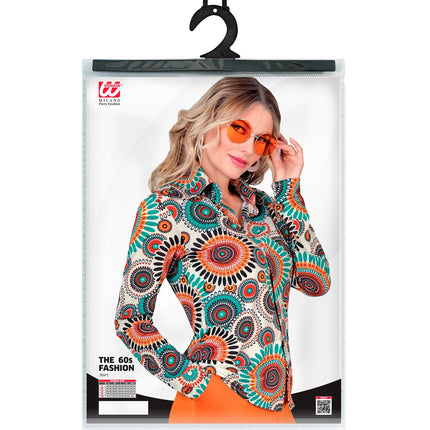 Jaren 70 vintage blouse dames achterkant - kleurrijke hippie discoblouse retro