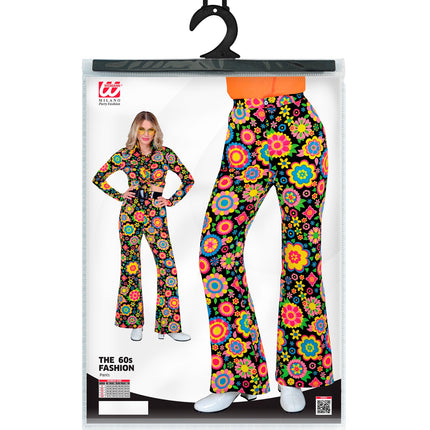 Jaren 70 broek bloemenfeest achterkant - kleurrijke hippie discobroek dames
