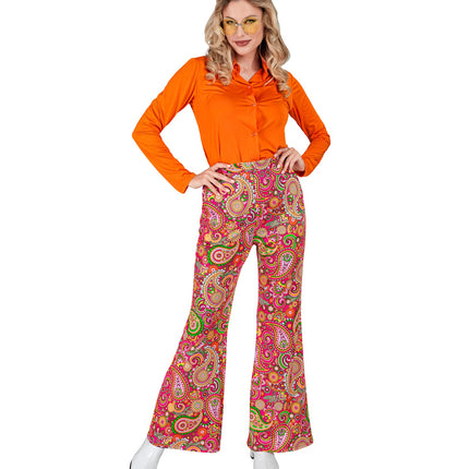 Jaren 70 paisley broek dames gedragen - kleurrijke hippie discobroek seventies