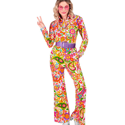 Peace party broek dames detail - jaren 70 paisley flower power discobroek